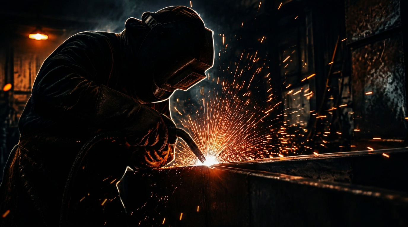 Welder striking an arc on thick steel, sparks flying in a dark workshop